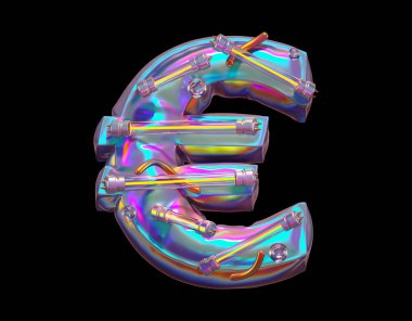 Gelecekçi holografik yazı tipi. Ultraviyole ve sarı neon. Euro sembolü. 3d oluşturma