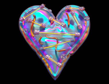 Gelecekçi holografik yazı tipi. Ultraviyole ve sarı neon. Kalp sembolü. 3d oluşturma