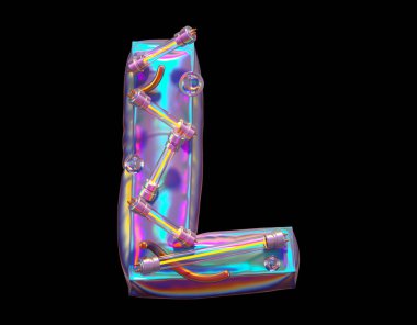 Gelecekçi holografik yazı tipi. Ultraviyole ve sarı neon. L harfi 3d oluşturma