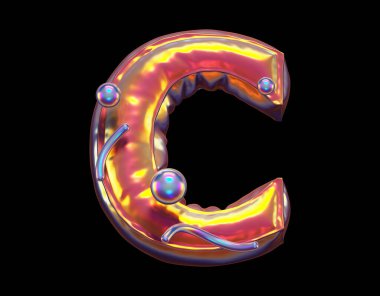 Altın soyut alfabe. C harfi 3D görüntüleme