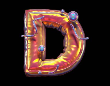 Altın soyut alfabe. D harfi. 3D görüntüleme.