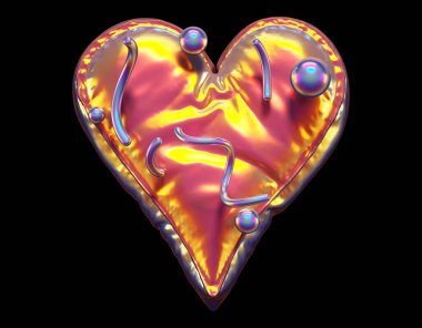 Altın soyut alfabe. Kalp sembolü. 3d oluşturma