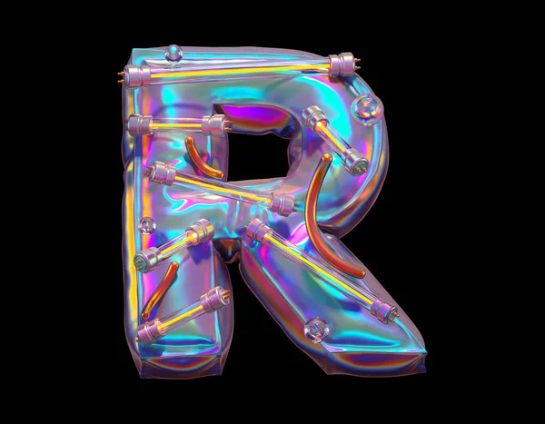 Futuristic Holographic Font Ultraviolet Yellow Neon Letter Rendering — Stock Photo, Image