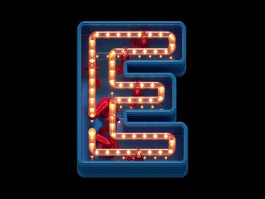 Soyut alfabe. Işıklı E harfi. 3d oluşturma