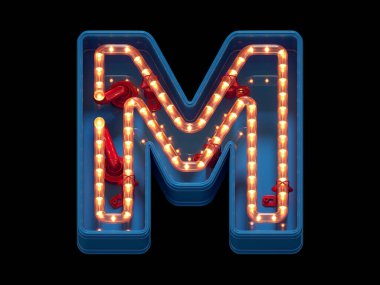Soyut alfabe. Işıklı M harfi. 3d oluşturma