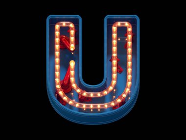 Soyut alfabe. Işıklı U harfi. 3d oluşturma