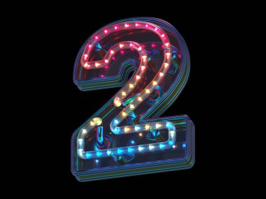 2 numaranın renkli ışığıyla yanıp sönen yazı tipinin 3D görüntüleme tasarımı