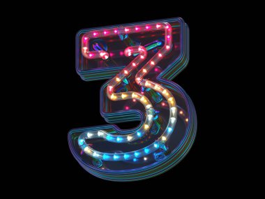 3 numaranın renkli ışığıyla yanıp sönen yazı tipinin 3D görüntüleme tasarımı