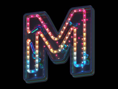 Kırpılmış yazı tipi. Renkli ışık. M harfi 3D görüntüleme
