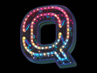 Kırpılmış yazı tipi. Renkli ışık. Q harfi. 3d oluşturma