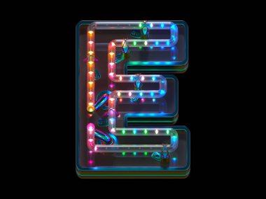 Soyut 3d yazı tipi tasarımında E harfi renkli ışıklı