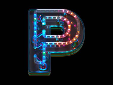 Soyut 3d yazı tipi tasarımında P harfi renkli ışıklarla oluşturulmuştur