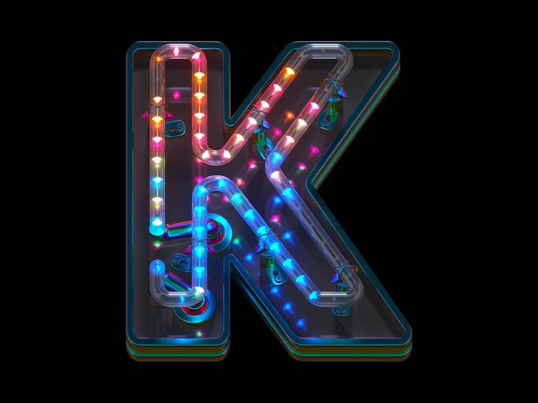 カラフルなLedライト付き抽象的な3Dレンダリングフォントデザインの文字K — ストック写真