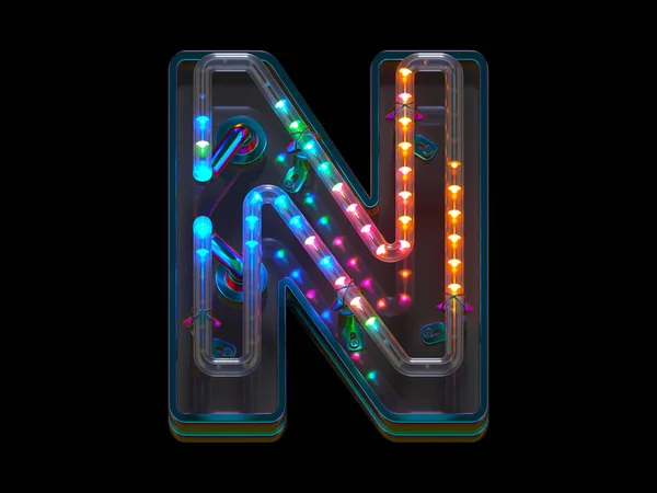 カラフルなLedライト付き抽象的な3Dレンダリングフォントデザインの文字N — ストック写真
