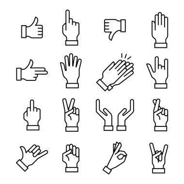 El hareketleri Siyah İnce Çizgi Simgesi Ayarlandı. Vektör