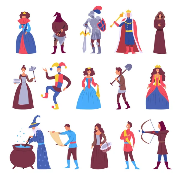 Personaggi di colore dei cartoni animati Persone Cittadini di età medievale Town Set Concept. Vettore — Vettoriale Stock