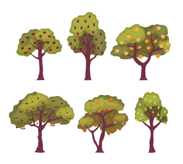 Ensemble d'arbres fruitiers de couleur dessin animé. Vecteur — Image vectorielle