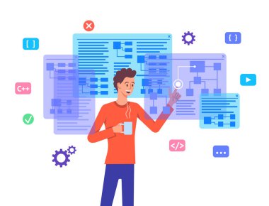 Çizgi film Renk Karakteri Programcısı Mühendislik ve Web Geliştirme Konsepti. Vektör