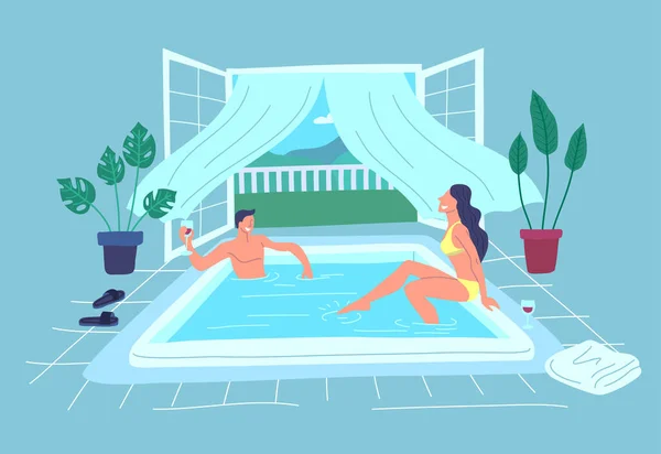 카툰 컬러 캐릭터 (Cartoon Color Characters People Couple and Swimming Pool Concept). Vector — 스톡 벡터