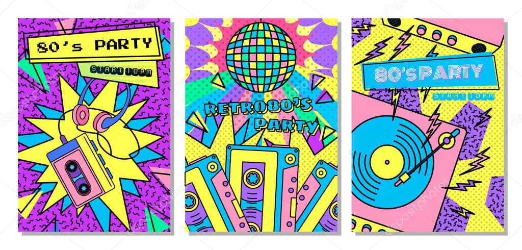 Color 80s Years Disco Style Concept Banner Poster Card Set. Vector