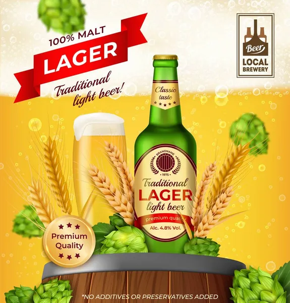 Realistic Detailed 3d Green Glass Beer Bottle Bottle Bds Concner Poster Card. Вектор — стоковый вектор