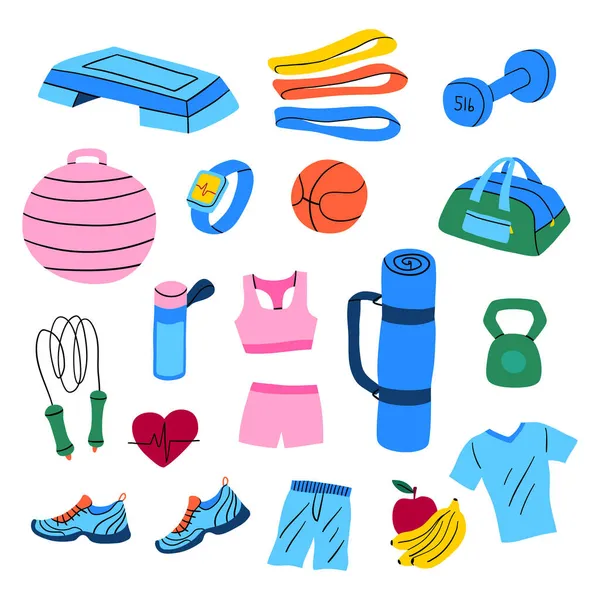 Dibujos animados Color Varios Deportes Equipo Fitness Iconos Set. Vector — Vector de stock