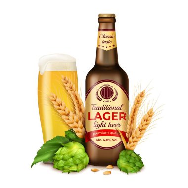 Gerçekçi Detaylı 3d Kahverengi Cam Bira Şişesi ve Şeffaf Kupa Tam Altın Bira Seti. Vektör