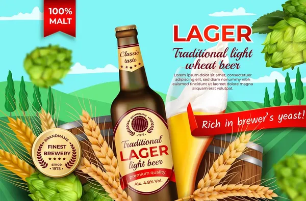 Realista detallada 3d Brown Glass Beer Bottle Ads Banner Concept Poster Card. Vector — Vector de stock