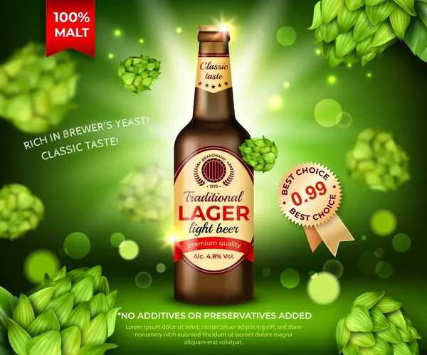 Realistic Detailed 3d Brown Glass Beer Bottle Bottle Bds Concner Poster Card. Вектор — стоковый вектор