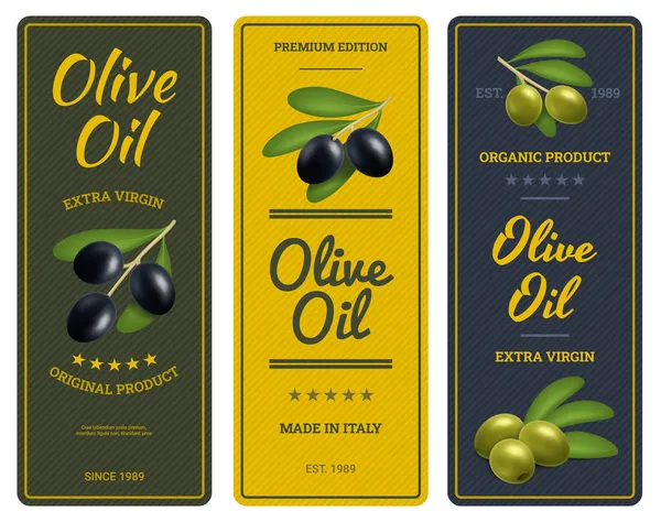 Etiquetas de aceite de oliva detalladas realistas 3d con conjunto de ramas de olivo. Vector — Vector de stock