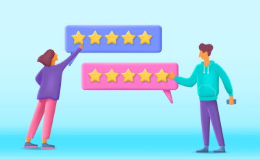 Üç boyutlu kavram beş yıldızlı geribildirim plastiği çizgi film stili. Vektör