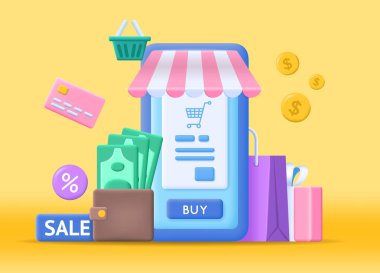 3D Concept Online Alışveriş Plastiği Çizgi Filmi Tarzı. Vektör