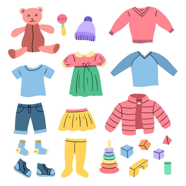Çizgi film Color Clothes Kids Icons Set. Vektör