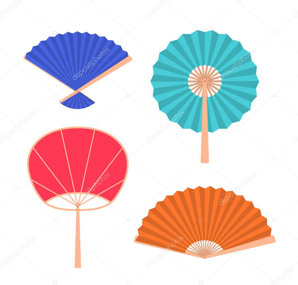 Cartoon Color Chinese Hand Fan Icon Set. Vector