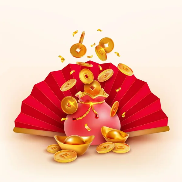 Gerçekçi Detaylı 3d Altın Para ve El Pervanesi dolu Kırmızı Şanslı Torba. Vektör — Stok Vektör