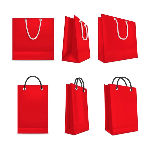 Realistisches detailliertes 3D-Einkaufstaschen-Set in Rot. Vektor — Stockvektor