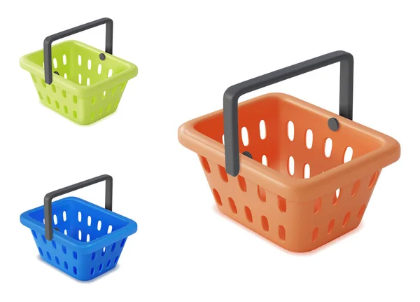 3d Different Colorful Shopping Basket Set Plasticine Cartoon Style. Vector — Stockvektor