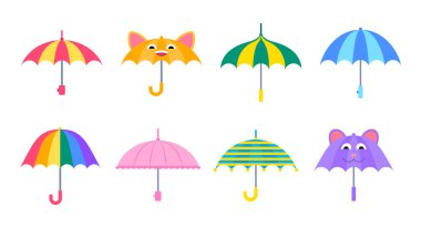 Çizgi film Renkli Çocuk Şemsiye Simgesi Seti. Vektör