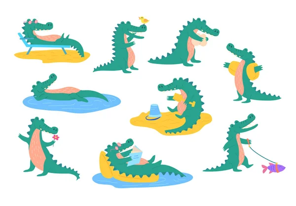 Juego de iconos de cocodrilo lindo personaje de color de dibujos animados. Vector — Archivo Imágenes Vectoriales