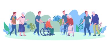 Yaşlılarla İlgilenen Çizgi Film Karakterleri İnsan Kavramı. Vektör