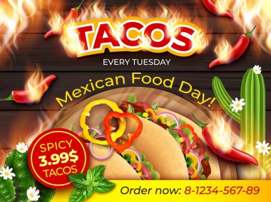 Gerçekçi Detaylı Taco Meksika Yemekleri Günü Her Perşembe Afiş Tasviri Poster Kartı. Vektör