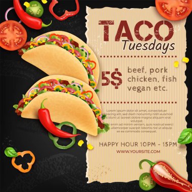Gerçekçi Detaylı Taco Meksika Yemeği Perşembe günleri Afiş Kavram Poster Kartı. Vektör