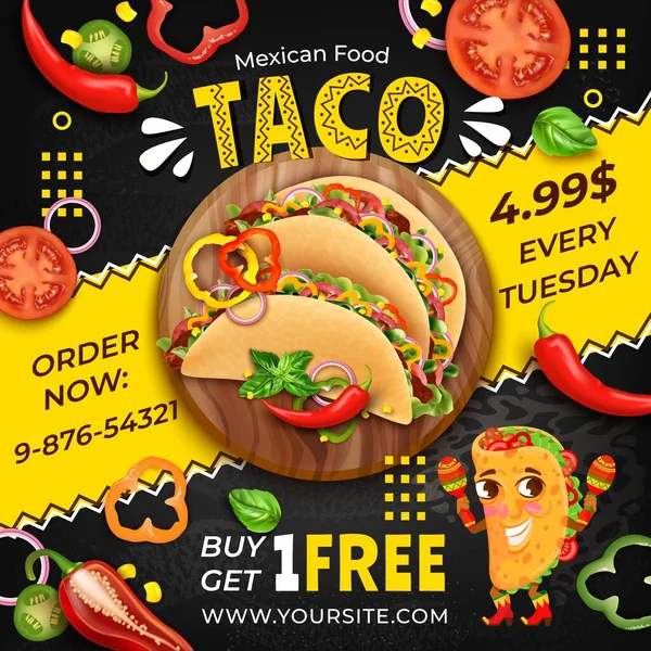 Ρεαλιστική Λεπτομερής 3D Tacos Μεξικού τροφίμων Ads Banner Concept Αφίσα κάρτα. Διάνυσμα — Διανυσματικό Αρχείο