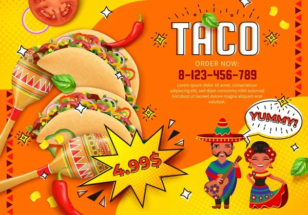 Realistico Dettagliato 3d Taco Mexican Food Ads Banner Concept Poster Card. Vettore — Vettoriale Stock