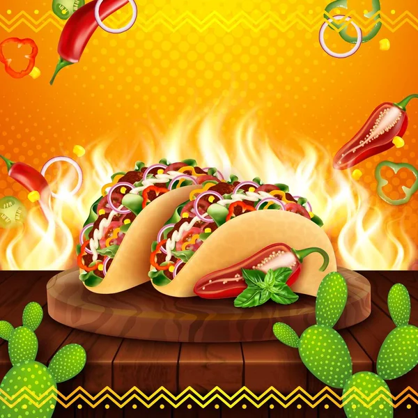 Rincian Realistik 3d Tacos Makanan Meksiko di Latar Belakang. Vektor - Stok Vektor