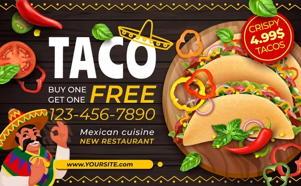 Realisztikus részletes 3D-s Taco Mexikói Élelmiszer Ads Banner Concept Plakát Kártya. Vektor — Stock Vector