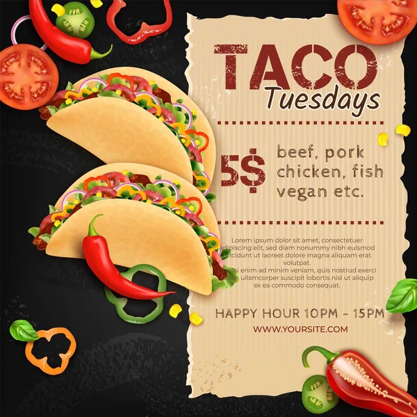 Realista Detalhado 3d Taco comida mexicana quintas-feiras Anúncios Banner Concept Poster Card. Vetor — Vetor de Stock