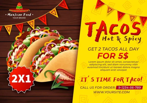 Realista detallado 3d tacos comida mexicana caliente y picante anuncios Banner Concept Poster Card. Vector — Vector de stock
