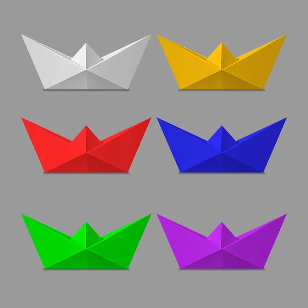 Réaliste détaillée 3d couleur différente plié bateau en papier ensemble. Vecteur — Image vectorielle