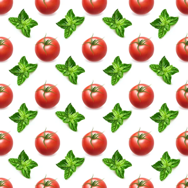 Realista detallado 3d tomate y hojas de albahaca sin costura patrón de fondo. Vector — Archivo Imágenes Vectoriales